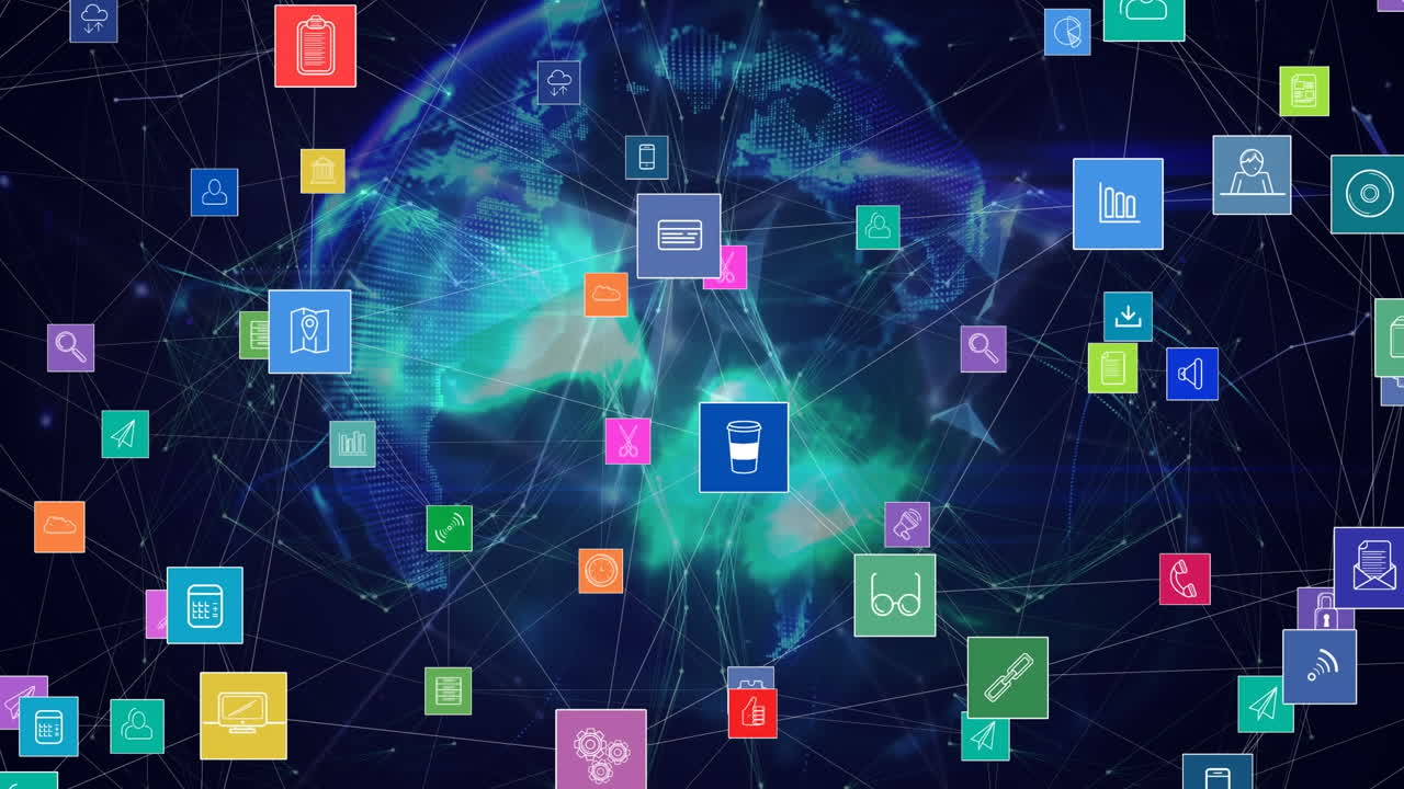 animación de iconos y líneas coloridas que se interconectan y forman globos y formas geométricas.