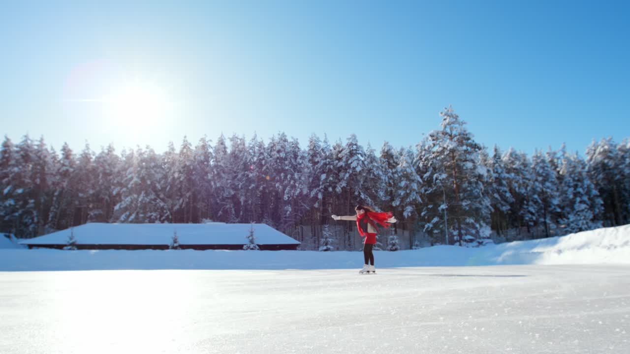 Woman Ice Skating in Winter Forest