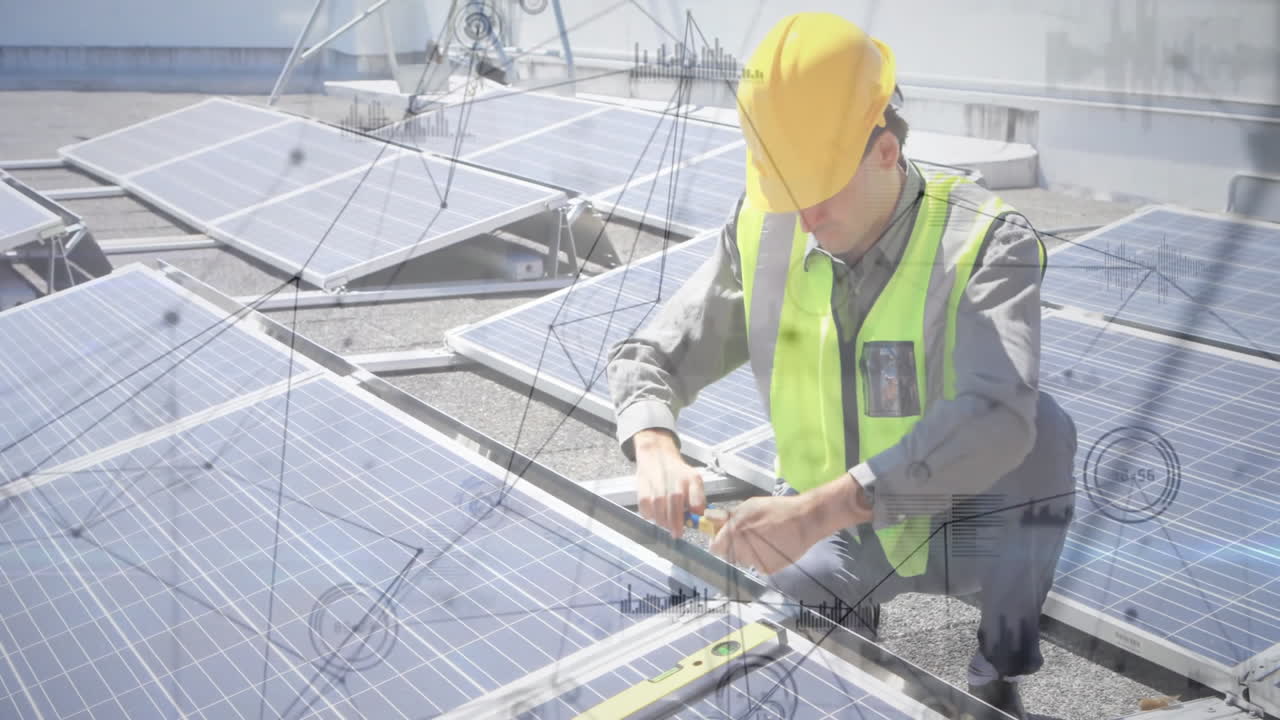 Engineer working on solar panels, overlaid with technical schematics animation
