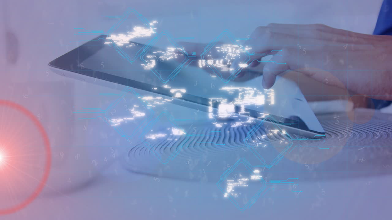 Tablet displaying animation of digital security icons on blue technology background