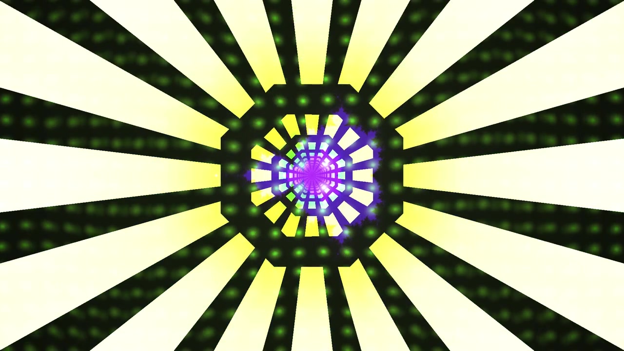 Túnel geométrico abstracto con luces amarillas y moradas pulsantes