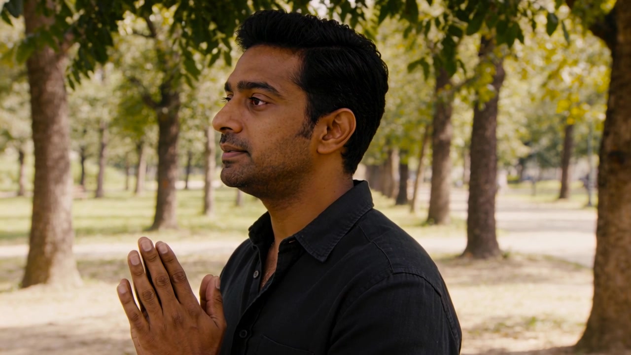 Reflecting man in dark shirt pressing palms under park trees, opening eyes and turning head left