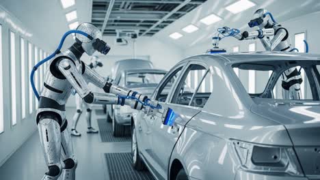 advanced robots collaborate in high-tech automotive assembly line, executing precision tasks on vehicles with automated tools for streamlined manufacturing processes.