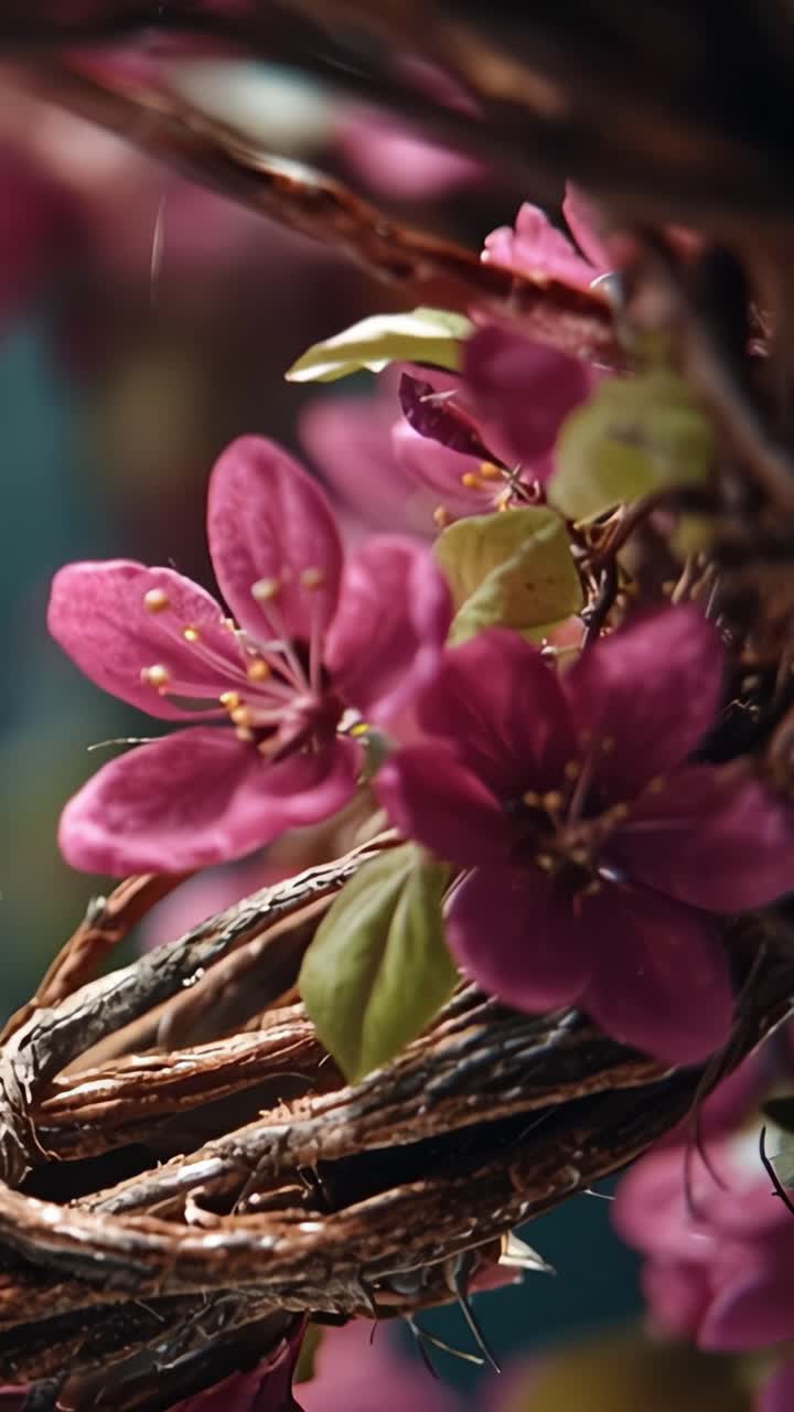 Vibrant Blossoms Entwined with Nature: A Close-Up Perspective of Beautiful Pink Flowers Nestled Among Twisting Vines, Capturing the Essence of Spring's Bloom