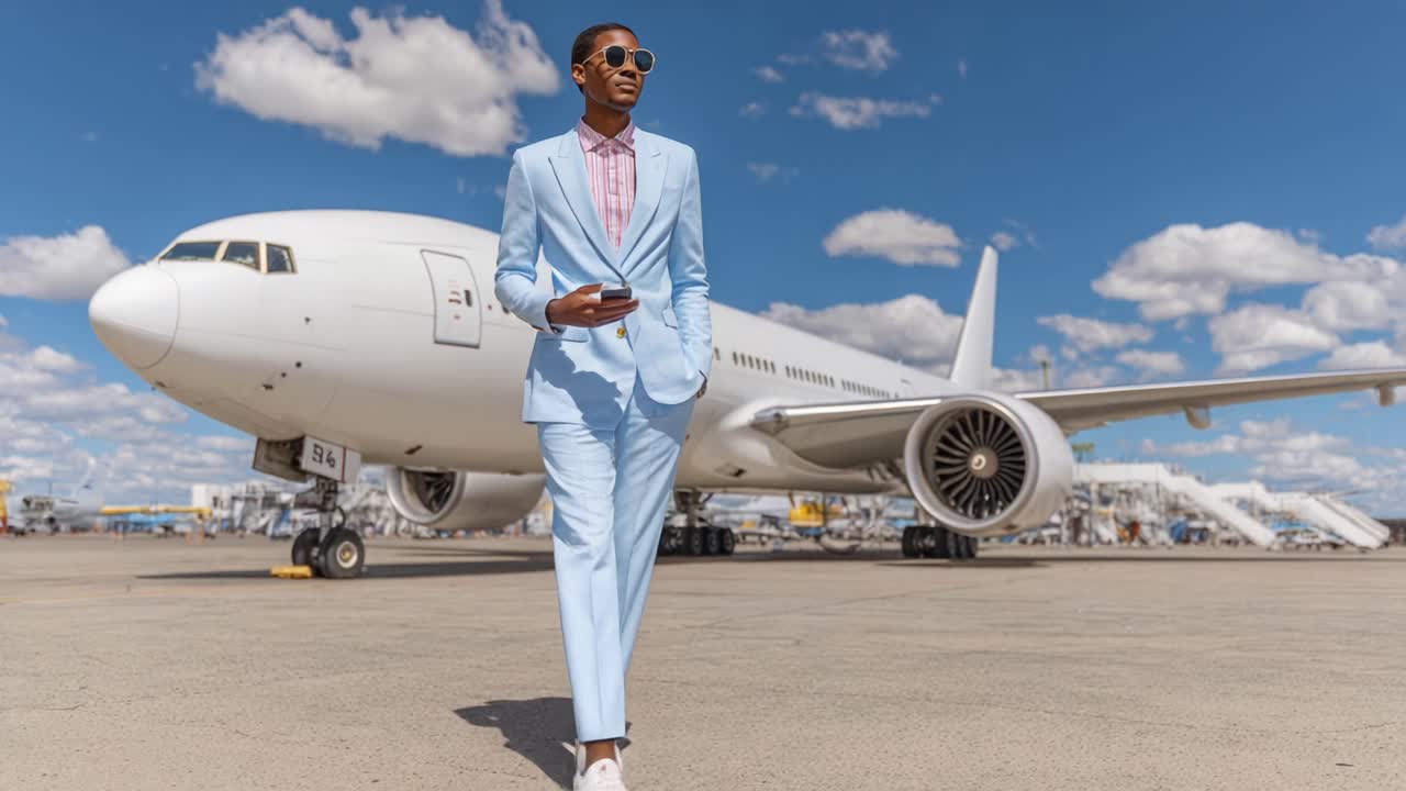 Stylish Individual in Light Suit Strolling Confidently Near Modern Airplane on Sunny Day, Embodying Luxury Travel and Fashion