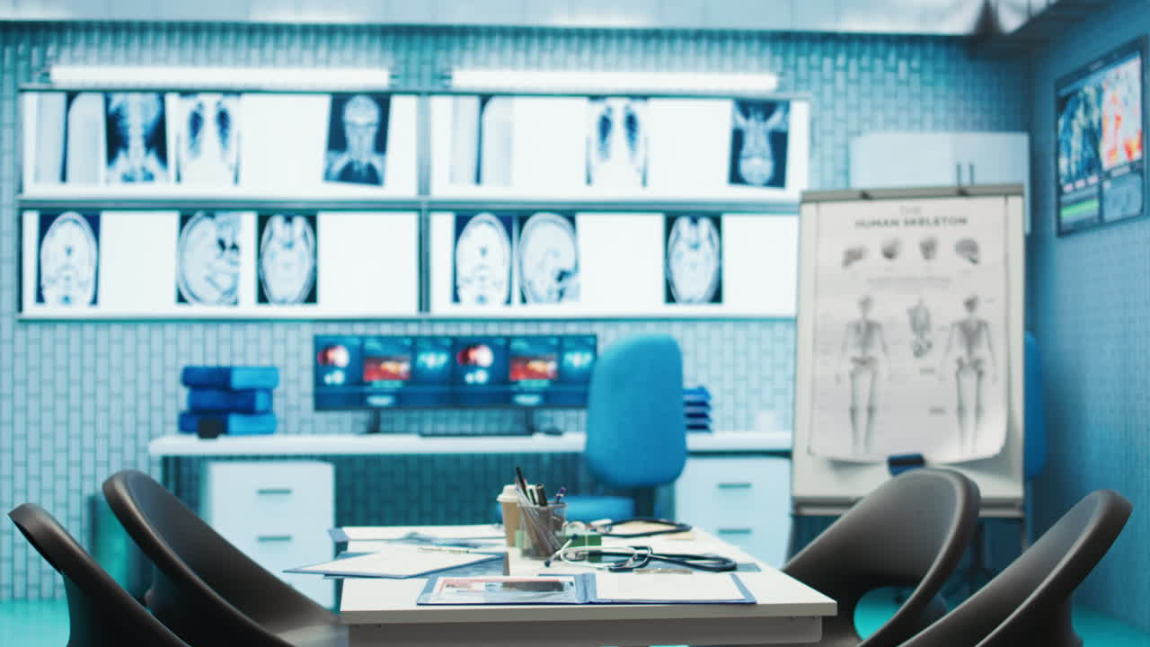Medical Office Interior with X-rays and Human Skeleton Chart