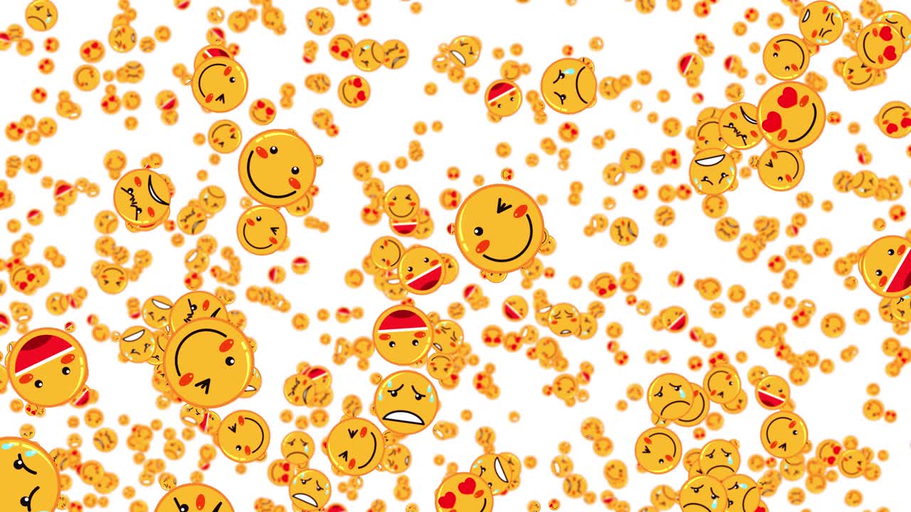 Varie faccine emoji gialle cadono continuamente su uno schermo bianco in un denso pattern animato.