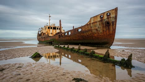 an abandoned rusty shipwreck on a shallow beach, captured in two frames showcasing its worn structure and reflections in the calm water at low tide