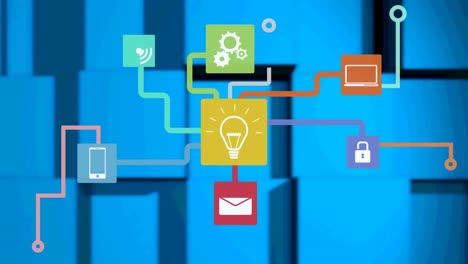 red de iconos digitales contra múltiples formas cuadradas en fondo azul