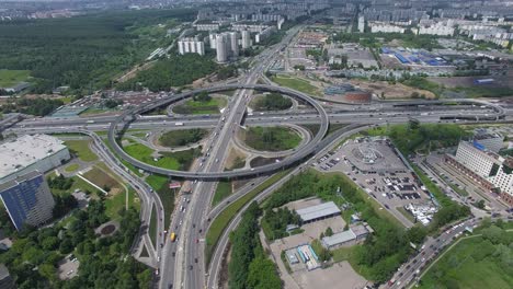 traffic on moscow interchange aerial view