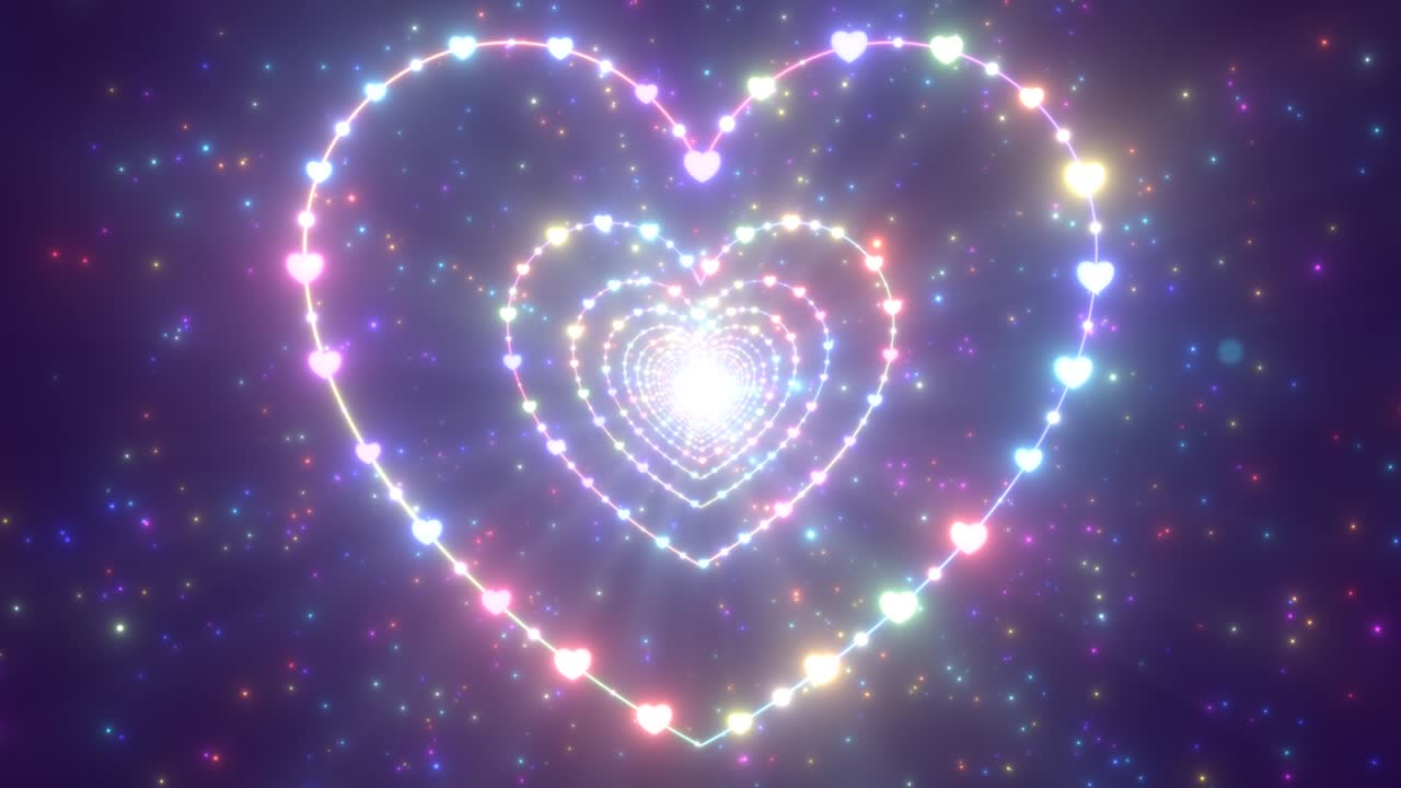 심장 모양으로 만들어진 터널 빛나는 무지개 네온 반이는 불빛 - 4k 원활한 vj 루프 모션 배경 애니메이션