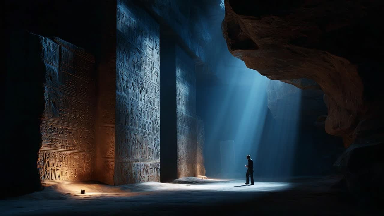 A Stunning Moment Captured in a Mysterious Cave, Bathed in Ethereal Light with Intricate Ancient Carvings, Evoking a Sense of Wonder and Discovery in an Enigmatic Environment