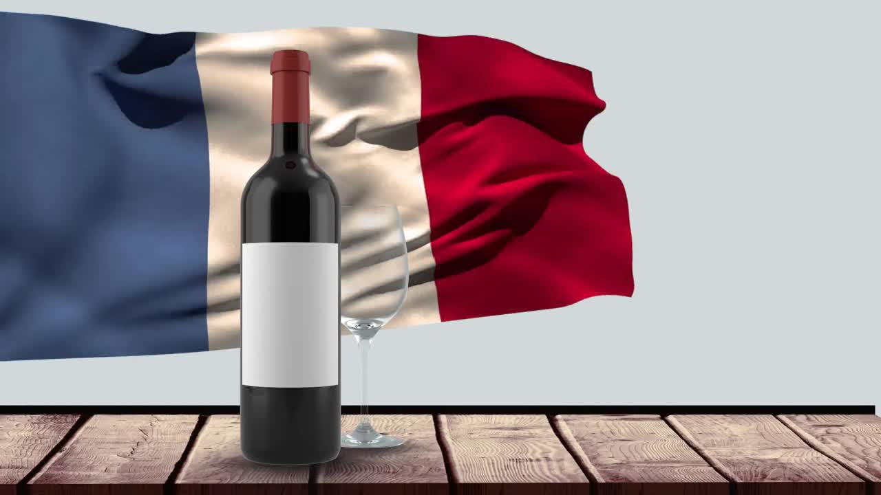 animación de una botella de vino tinto, un vaso y la bandera de francia ondeando sobre el fondo con nubes