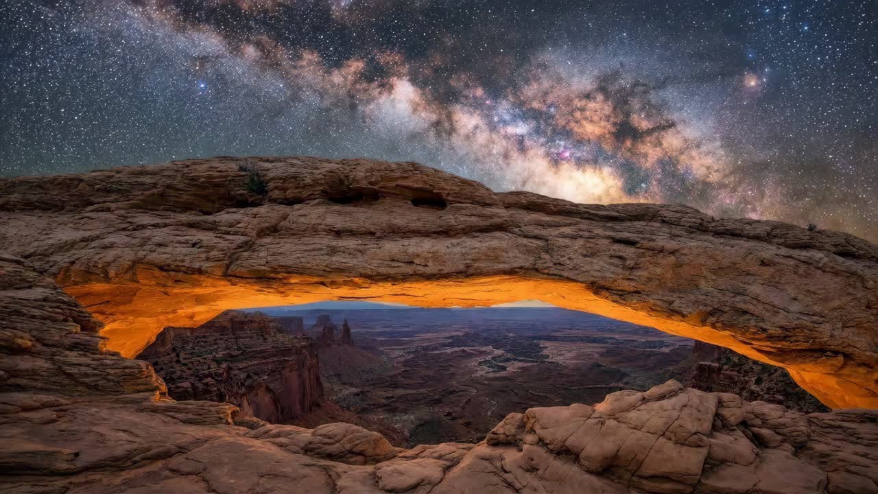 Spectaculaire sterrensporen en zonsopgang bij Mesa Arch