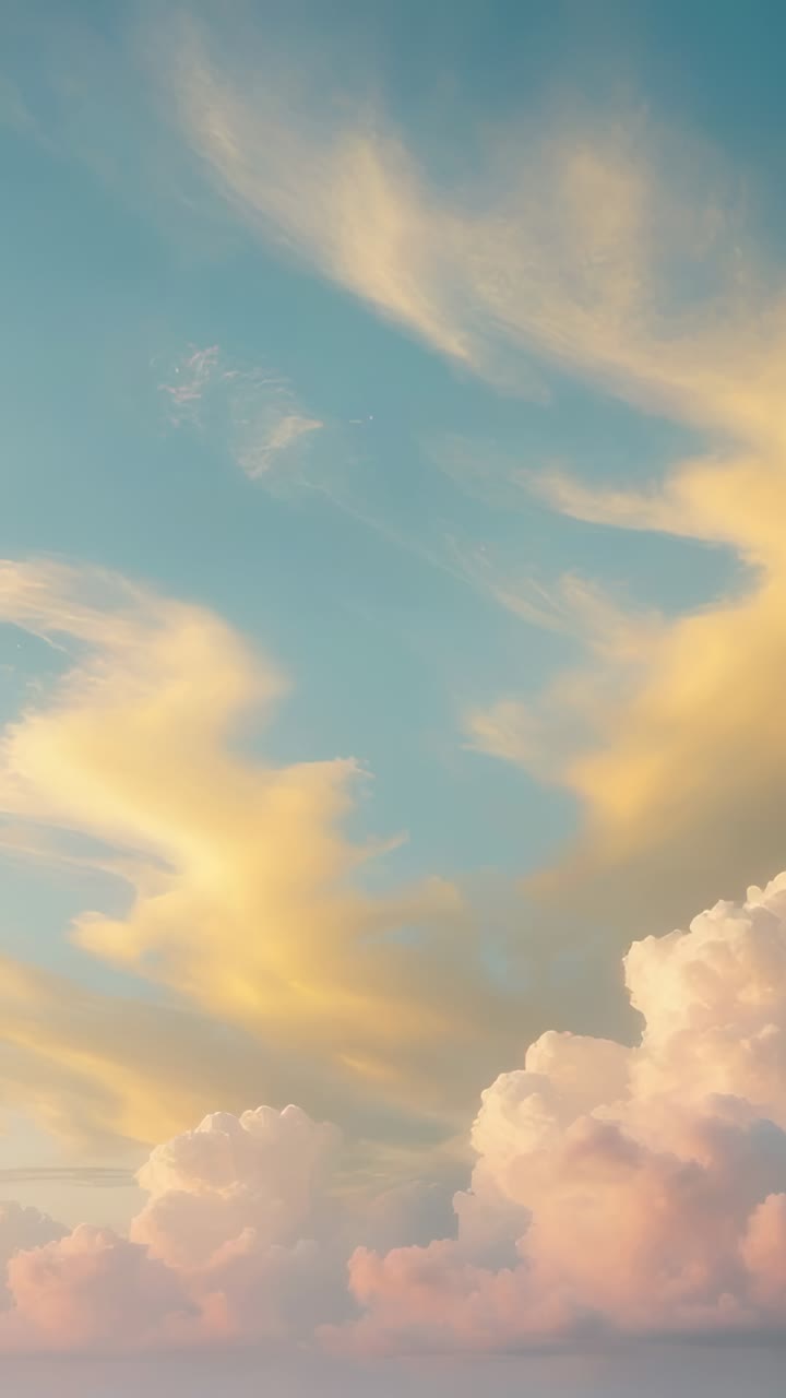 Vertical video: Sunlight shifting pink cumulus clouds drifting under golden wisps above blue sky