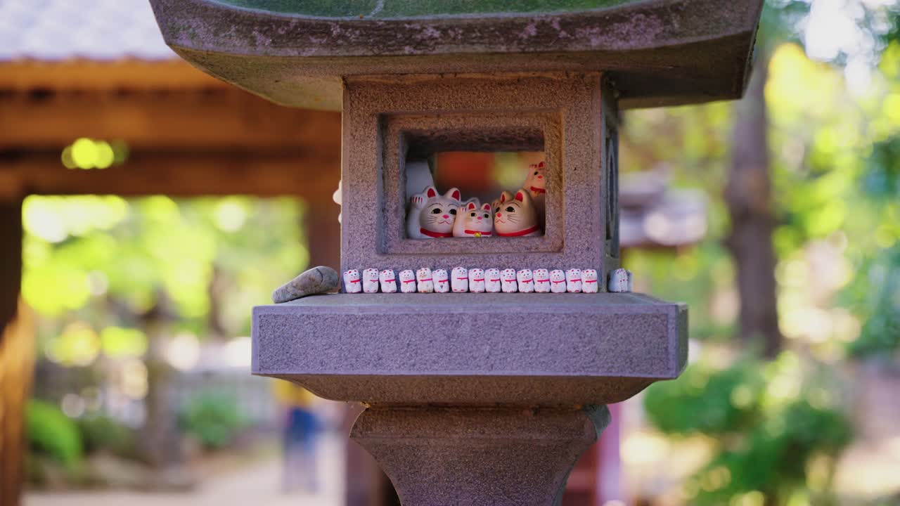 las muñecas de gato afortunadas dentro de la linterna de piedra en el santuario de gotokuji, tokio, japón 4k