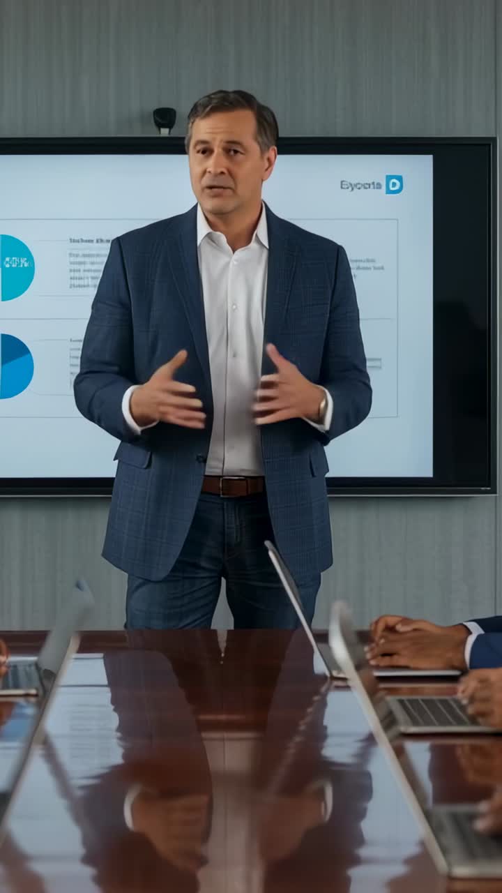 Vertical video: Starting meeting man in suit presenting pie charts in conference room with laptops