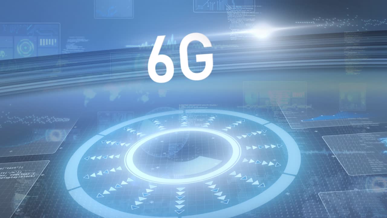 6g 텍스트의 애니메이션과 어두운 배경에 움직이는 범위의 반 ⁇ 이는 인터페이스