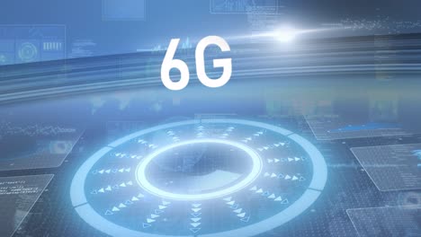animation of 6g text and glowing interface with moving scope on dark background