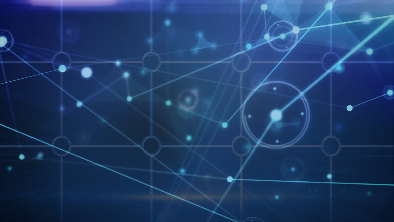 Animation of network of connections over grid network against light trails on blue background
