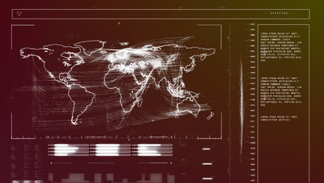 Animation-of-interface-with-data-processing-over-world-map-against-gradient-background