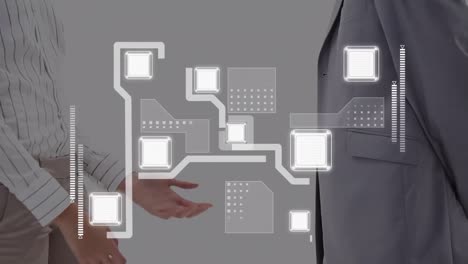 diseño de interfaz digital contra la sección media de un hombre de negocios y una mujer de negocios que se dan la mano