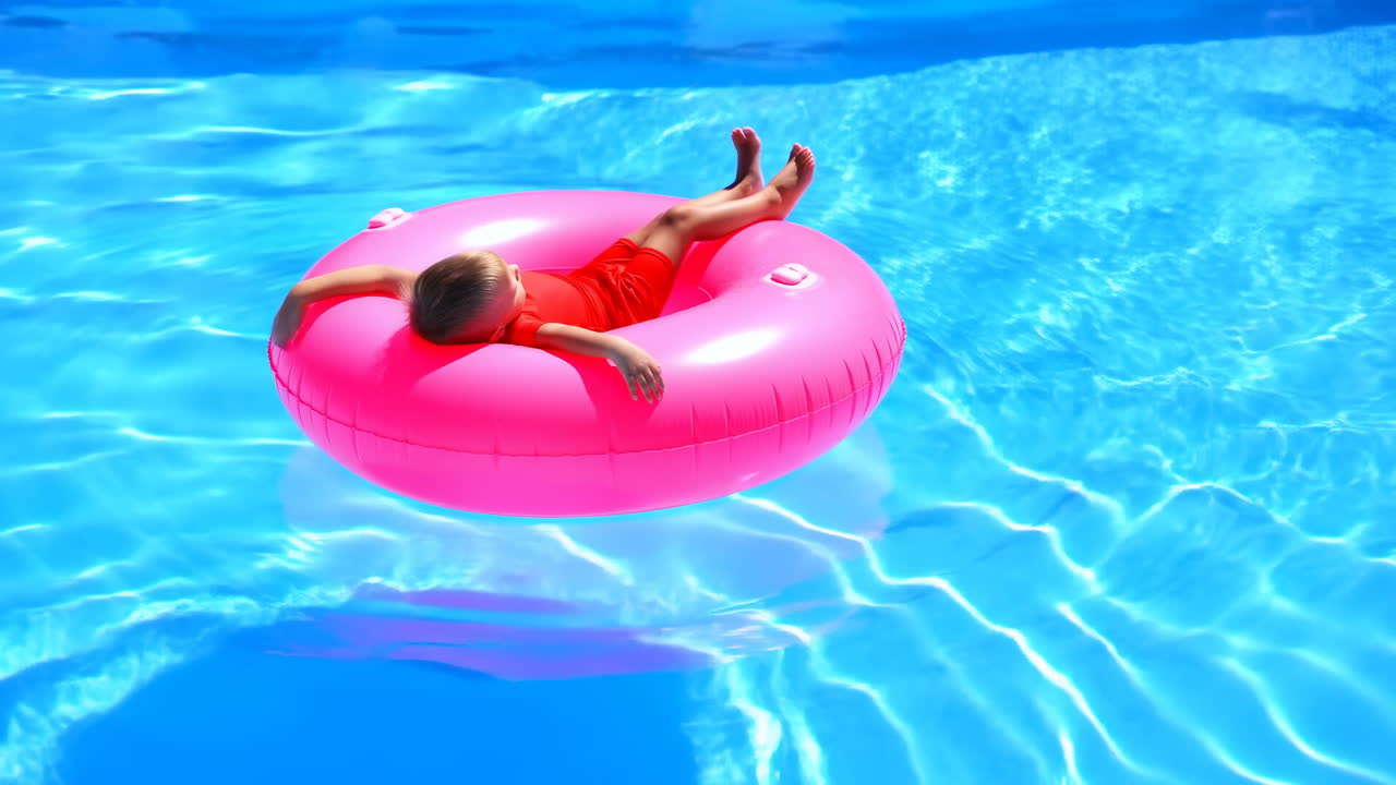 Young Boy Floating and Relaxing on Pink Inflatable Ring in Swimming Pool