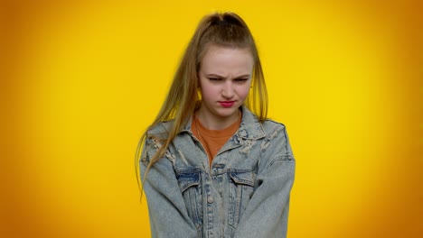 dissatisfied teen girl asking reason of failure, expressing disbelief irritation, feeling bored