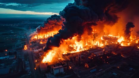 a large industrial area with a large fire in the background