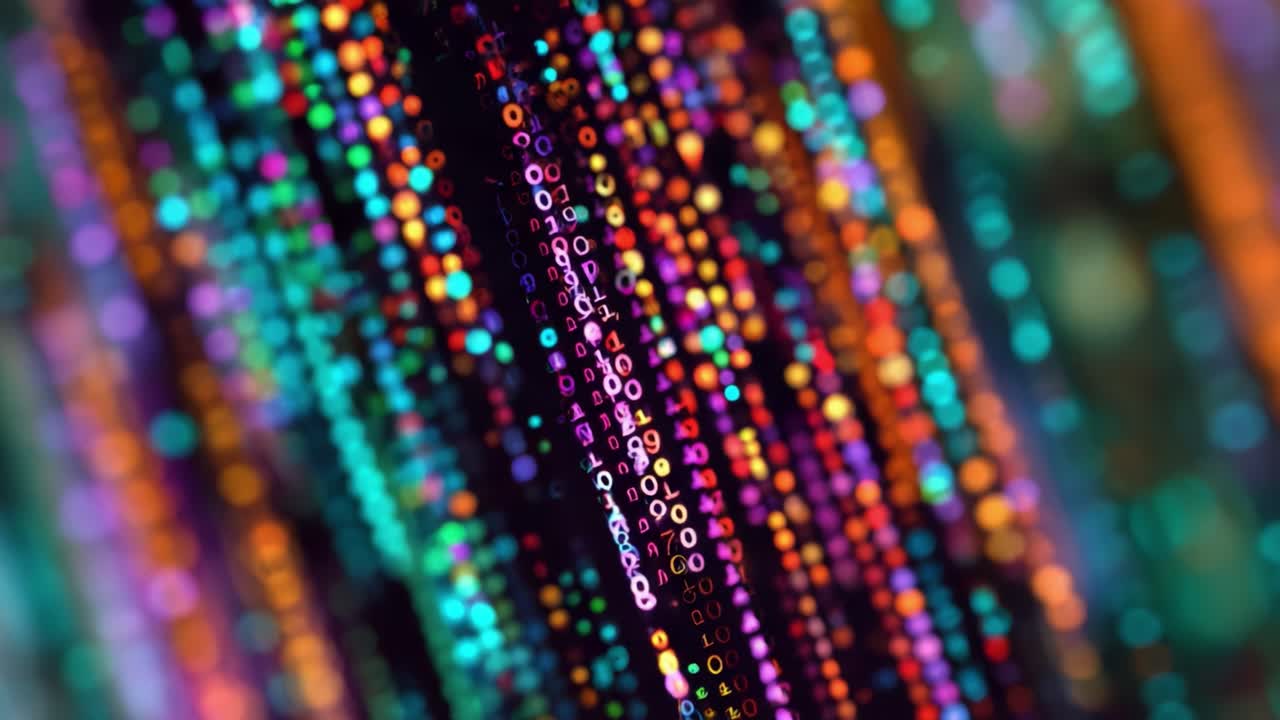 A Vivid Array of Colorful Binary Code Droplets Cascading Down in an Abstract Representation of Digital Data Streaming Through a Modern Technological Environment