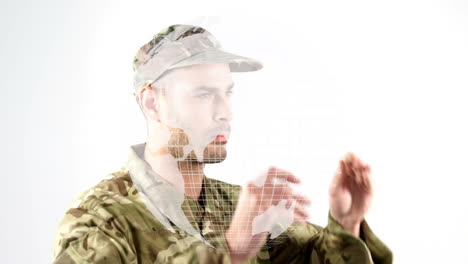 In camouflage uniform, military person with world map animation overlay