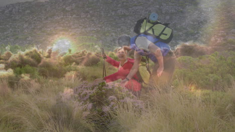 hiking couple exploring rocky hillside, with animated health graphs floating above backpack