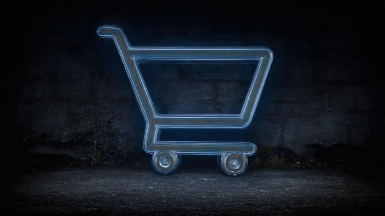 A Captivating Transformation of a Shopping Cart in Neon Glow: The Evolution from Bright to Subtle in Two Striking Frames