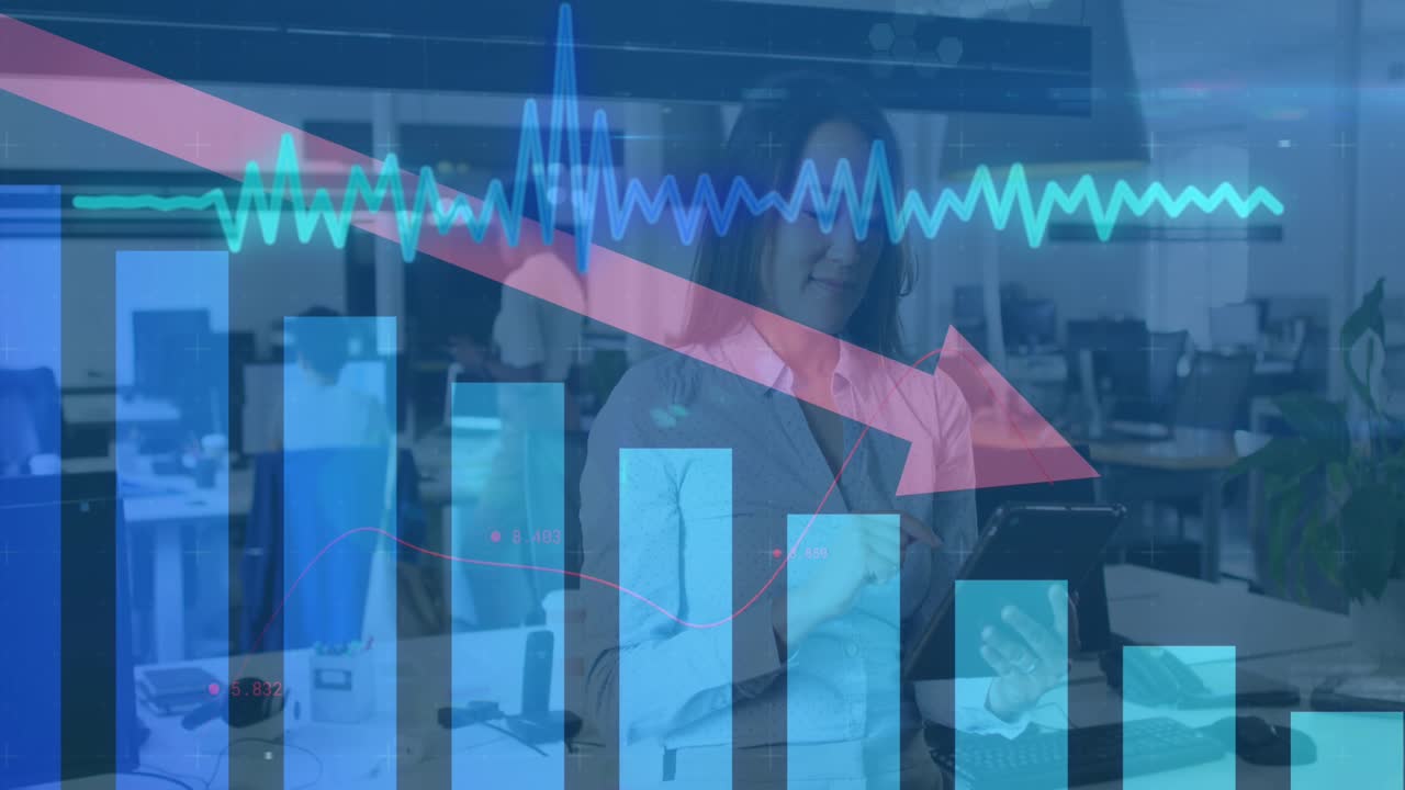 Animation of financial data and graphs over asisan woman using tablet in office