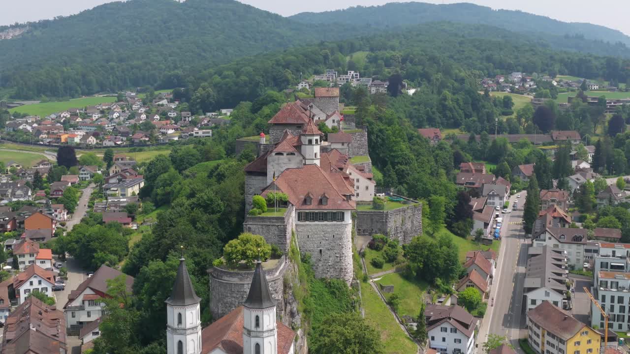 High-angle aerial showing entire complex of Aarburg fortress and church together