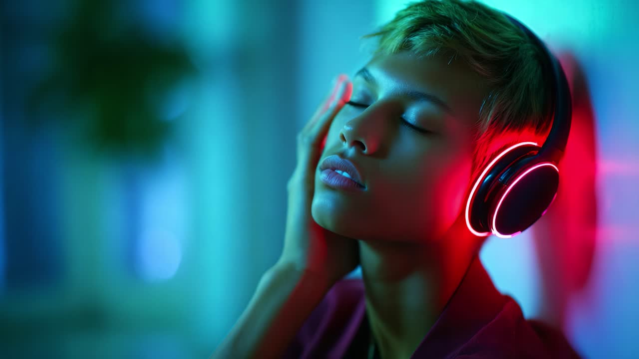 A Young Individual Enjoying Music with Neon Headphones in a Dimly Lit Room, Completely Immersed in the Rhythm while the Colorful Lights Create a Relaxing and Vibrant Atmosphere for Reflection and Bliss
