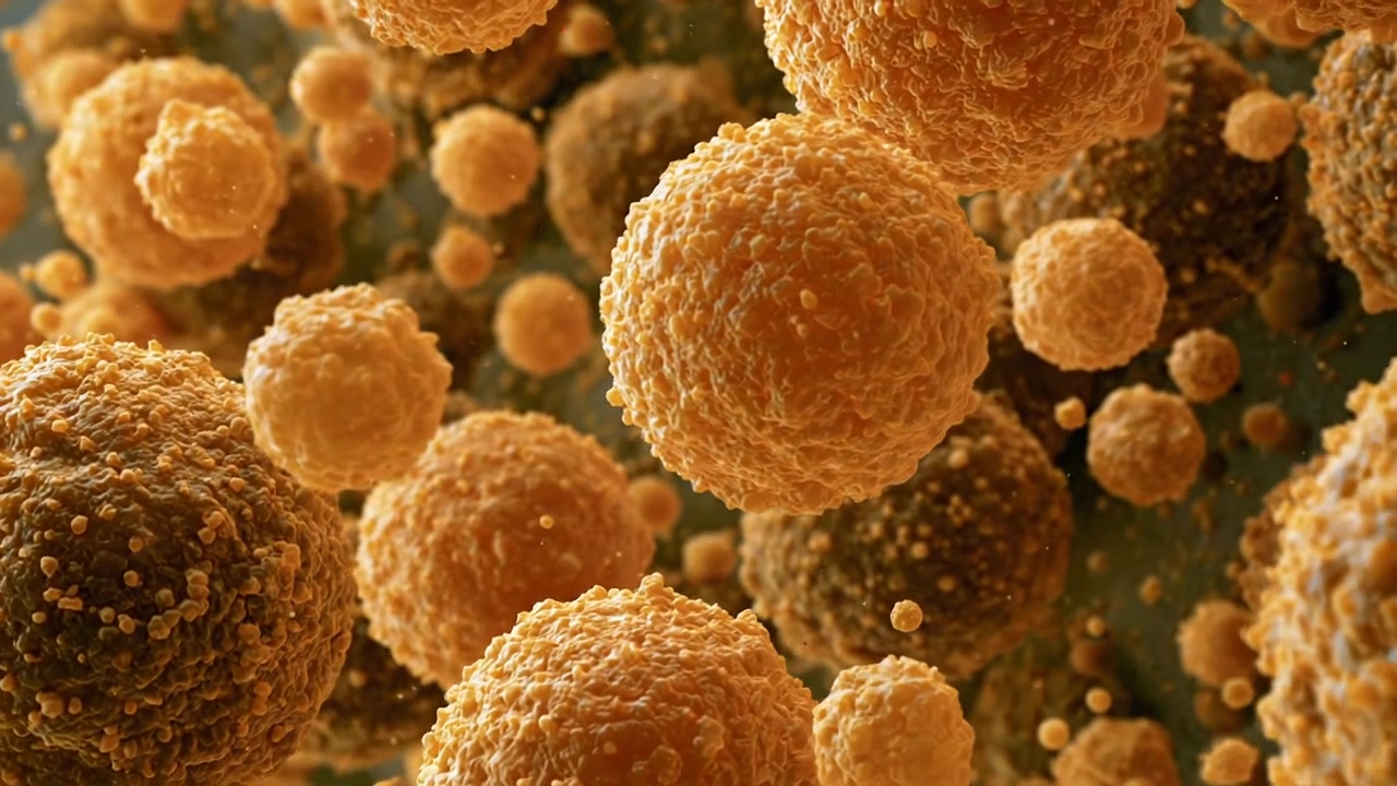 Cellule microscopiche dorate raggruppate insieme in un ambiente biologico dettagliato