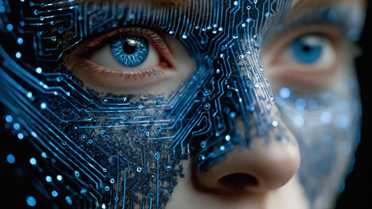 A Close-Up Visual Representation of a Futuristic Cyborg with Circuit Board Patterns Integrating Technology and Humanity in a Striking Blue Color Palette