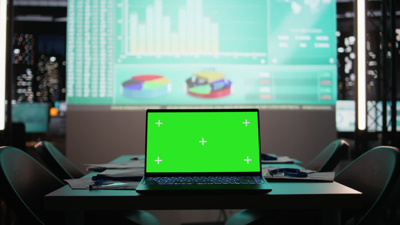 Empty boardroom shows a laptop with copy space screen late at night