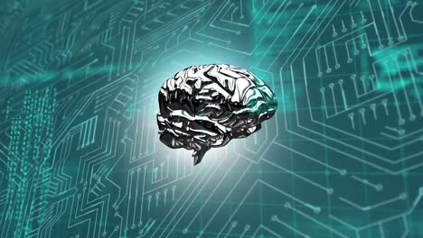 cerebro metálico y placa de circuitos de computadora