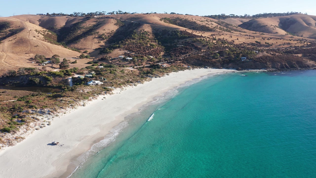 Aerial of white sand beach and turquoise water, Snelling Beach, Kangaroo Island, South Australia