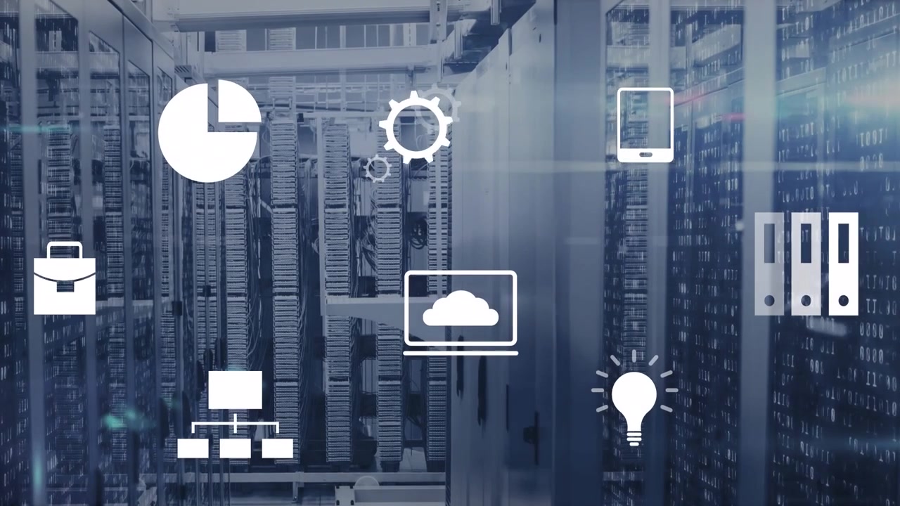Animation of network of connections with icons over server room