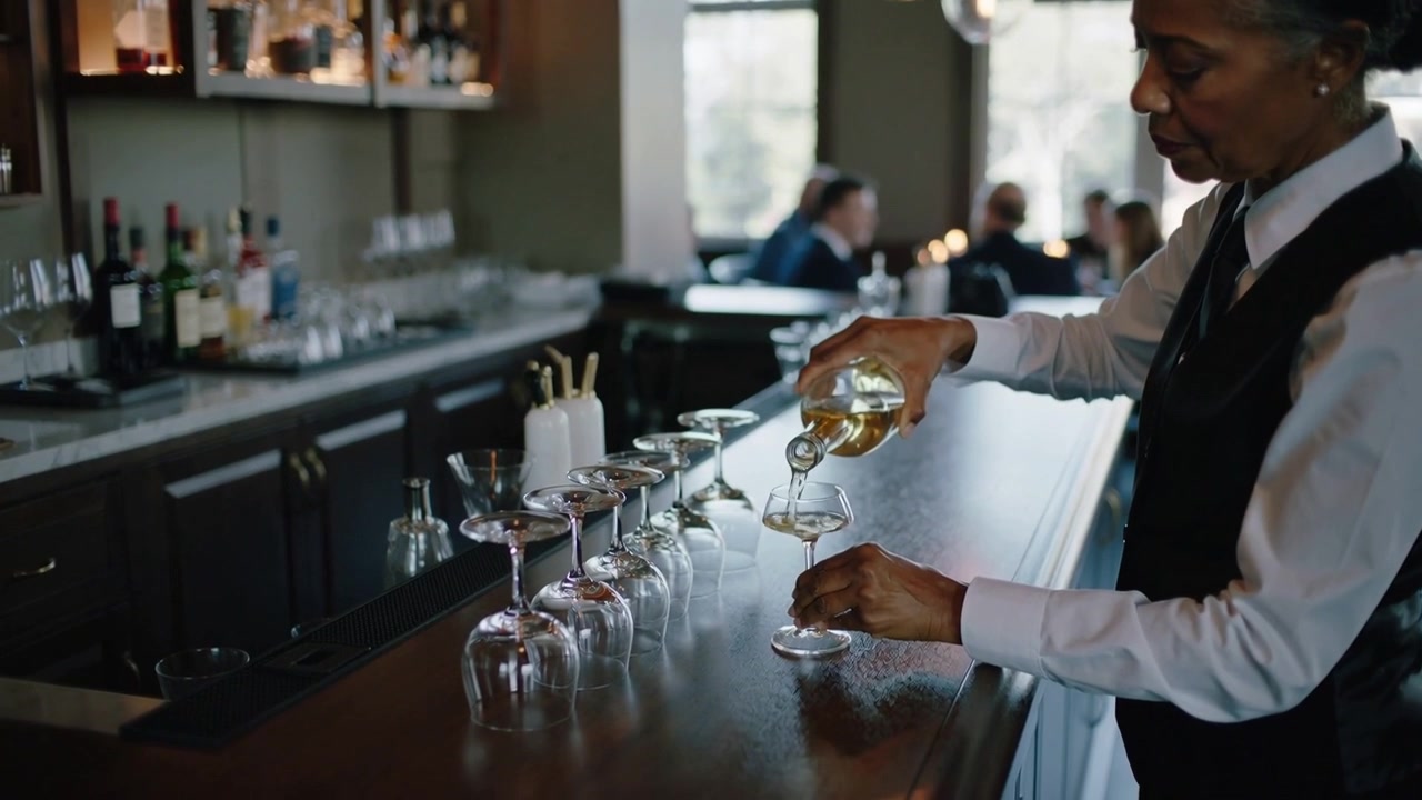 Service starting, bartender in uniform pouring wine into stemware at bar for patrons, copy space