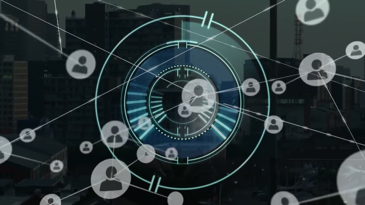 Animation of scope and network of connections over cityscape