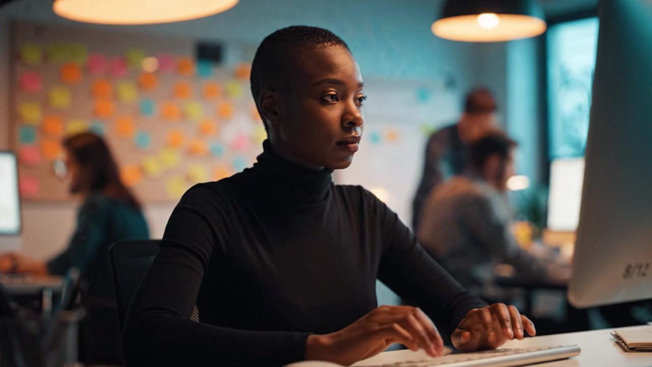 Focused professional in a modern office setting, typing on a keyboard with a serious expression, surrounded by colleagues and vibrant sticky notes on the walls.