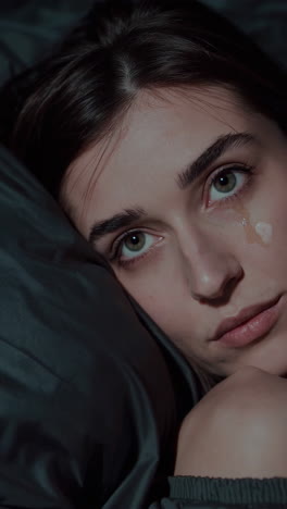 una mujer llorando en la cama.