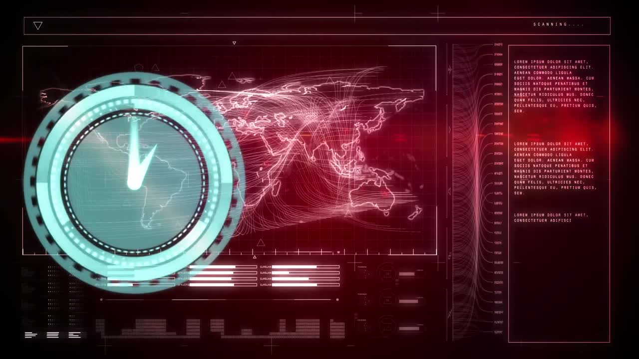 animación de un reloj que se mueve rápido y procesamiento de datos con un mapa del mundo en pantalla