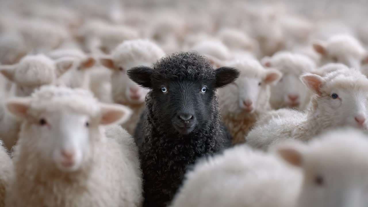 A striking contrast emerges in a flock of sheep, highlighting a solitary black sheep amidst a sea of white, representing individuality and uniqueness in a uniform environment
