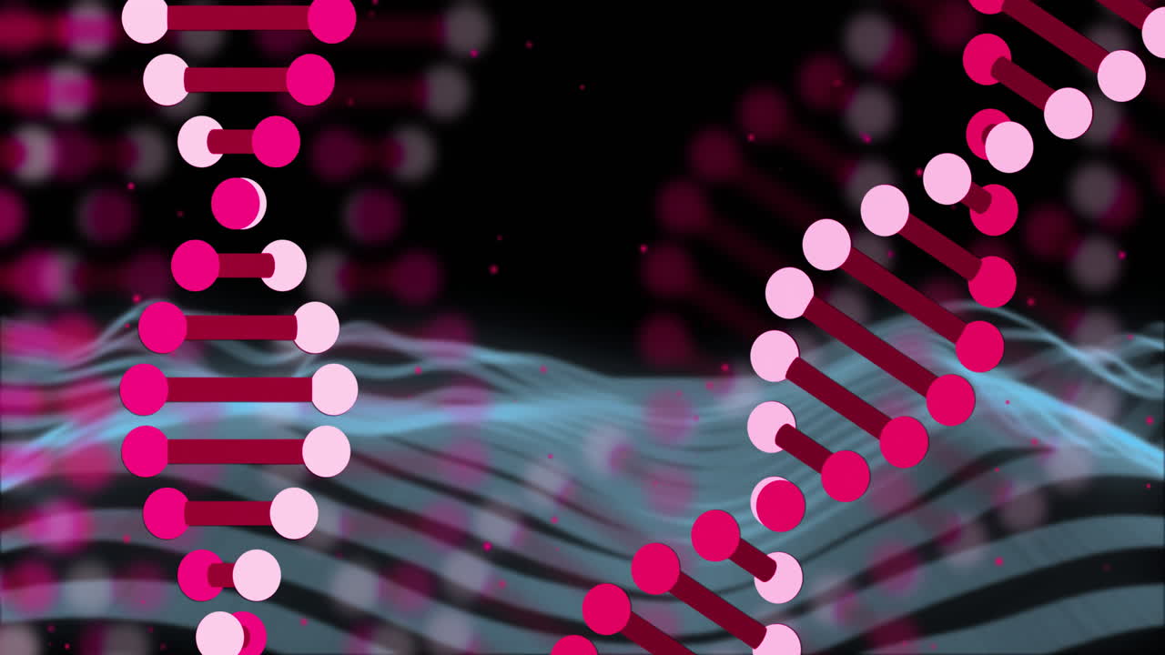 DNA strands and binary coding animation over undulating blue waves