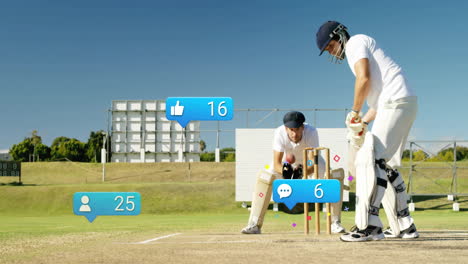cricket players on field with social media notifications overlay animation
